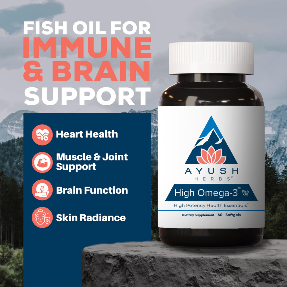 Ayush Herbs High Omega-3 softgel close-up highlighting lemon-flavored capsules for easy ingestion.