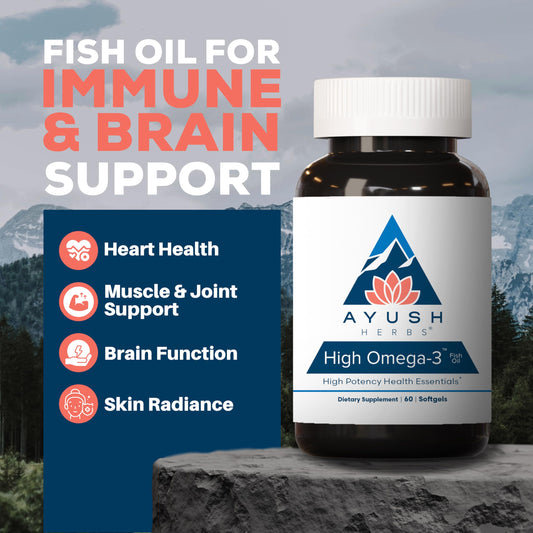 Ayush Herbs High Omega-3 softgel close-up highlighting lemon-flavored capsules for easy ingestion.