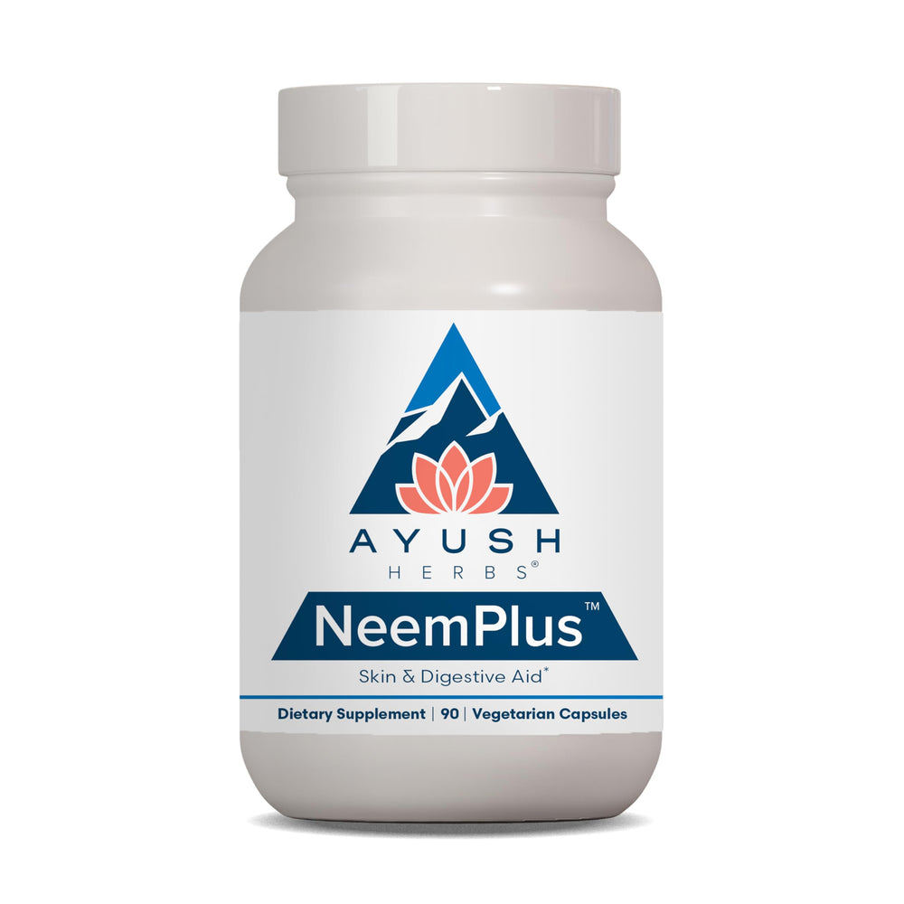 Ayush Herbs Neem Plus bottle and capsules for digestive health support.