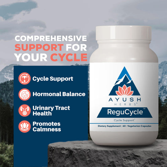 Ayush Herbs Regu-Cycle capsules closeup for hormonal balance