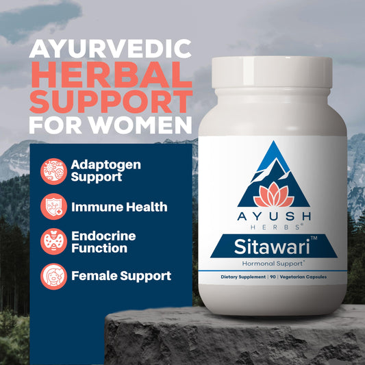 Ayush Herbs Sitawari capsules bottle front highlights shatavari for reproductive health.