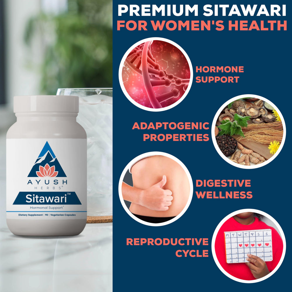 Ayush Herbs Sitawari tablets line shows dosage guidance for daily use.