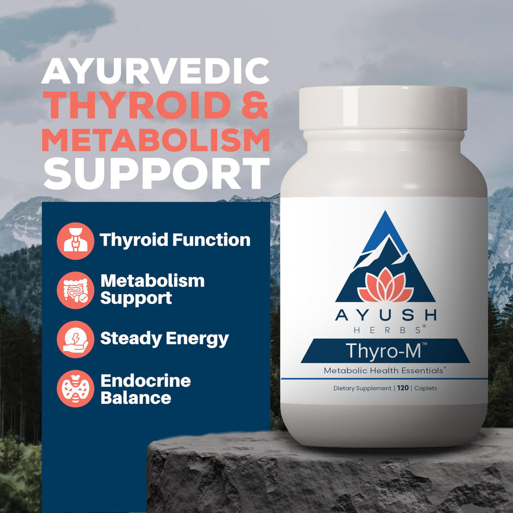 Ayush Herbs Thyro-M bottle side view with vegetarian capsules for daily energy.