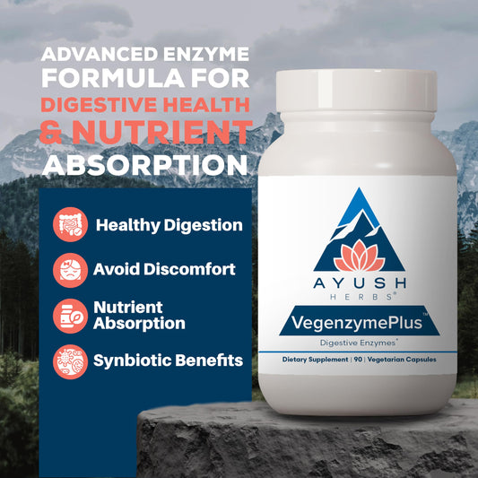Ayush Herbs VegenzymePlus capsules shown for convenient daily digestion.