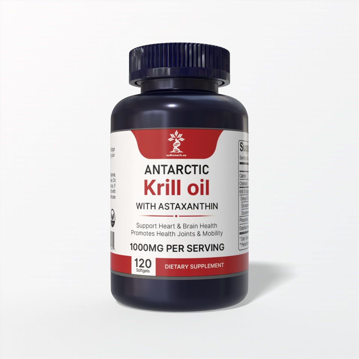 AZ Biotech Antarctic Krill Oil bottle highlighting purity and omega-3 support for heart and brain health.