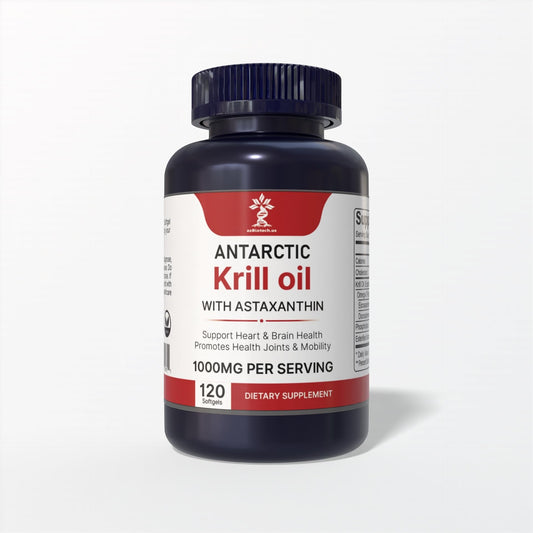 AZ Biotech Antarctic Krill Oil bottle highlighting purity and omega-3 support for heart and brain health.