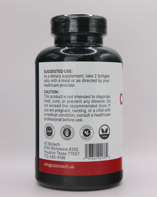 AZ Biotech CoQ-10 Plus softgels close-up highlighting high-potency capsules
