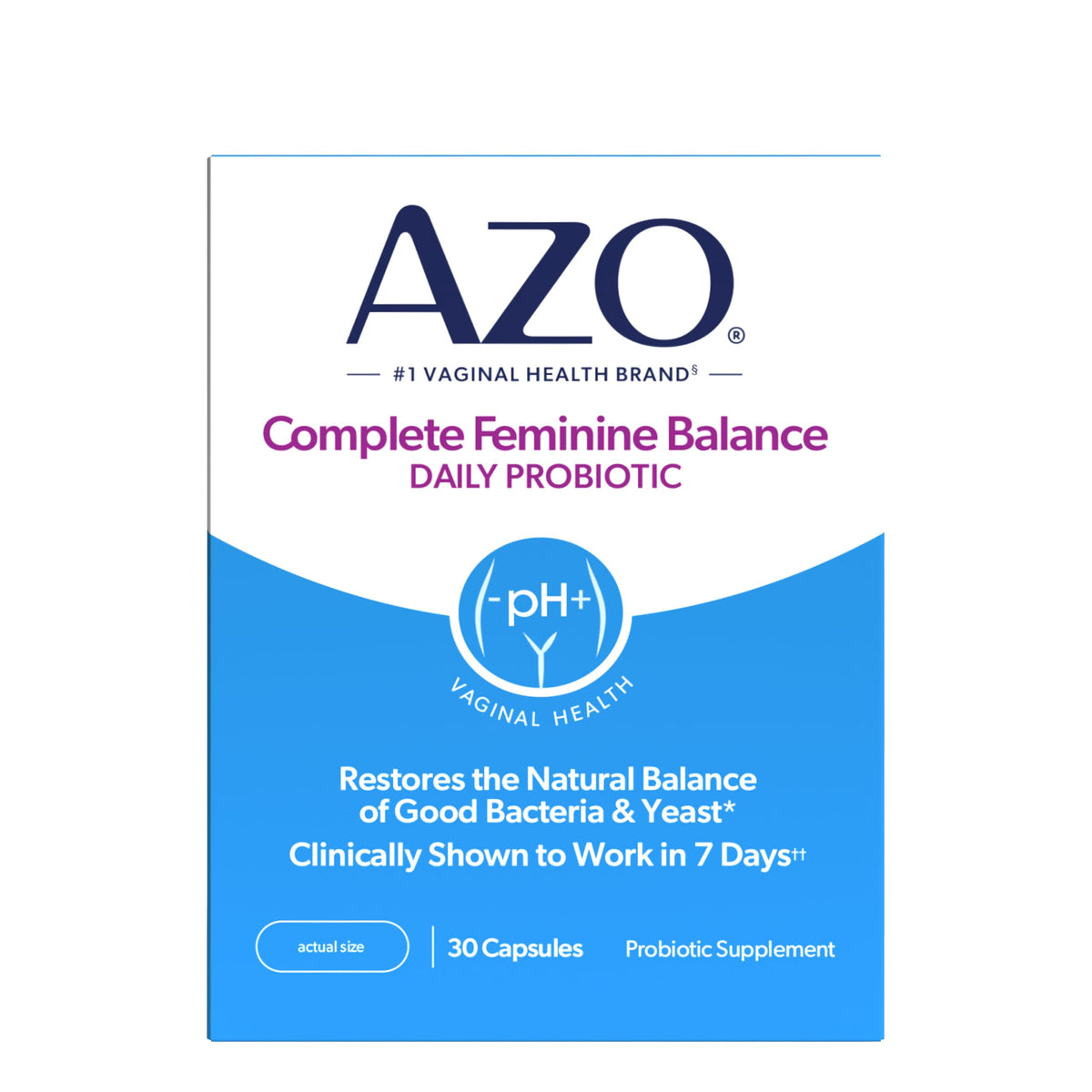 AZO Complete Feminine Balance bottle pouring capsules supports daily vaginal health