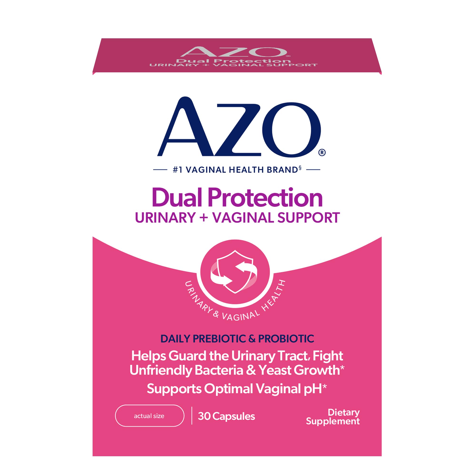 AZO Dual Protection bottle front view showing branding and ready to use daily capsule