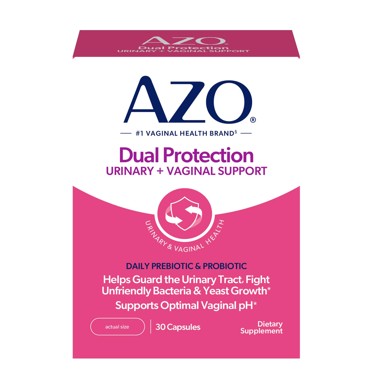 AZO Dual Protection bottle front view showing branding and ready to use daily capsule