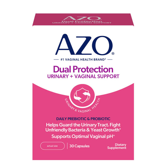 AZO Dual Protection bottle front view showing branding and ready to use daily capsule