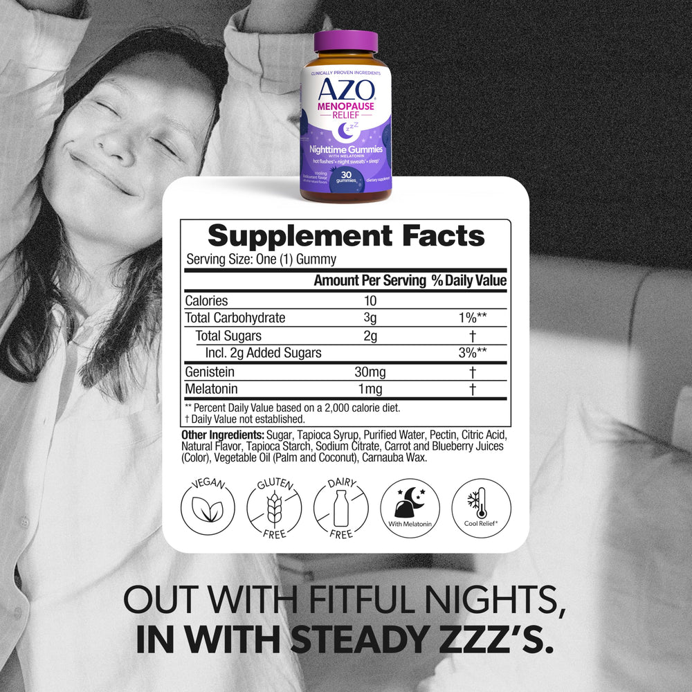 AZO Nighttime gummies on bedside table suggesting restful sleep routine