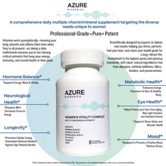 Azure Biogenics all-in-one women's multivitamin capsules closeup highlighting high-strength formula