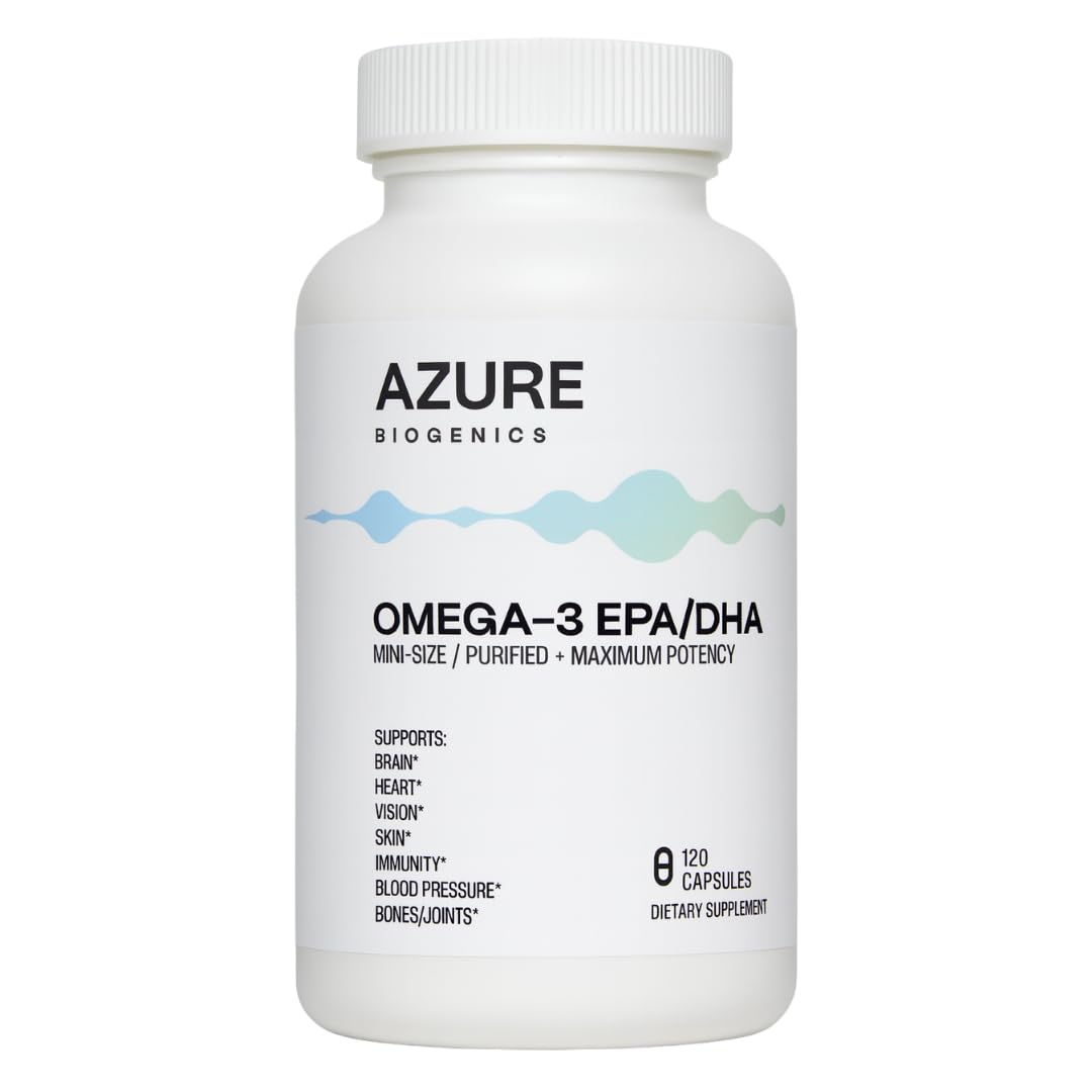 Azure Biogenics Omega-3 mini softgels bottle showing easy swallowing and purity