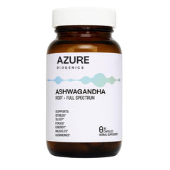 Azure Biogenics organic ashwagandha bottle suggesting daily stress balance and calm focus.
