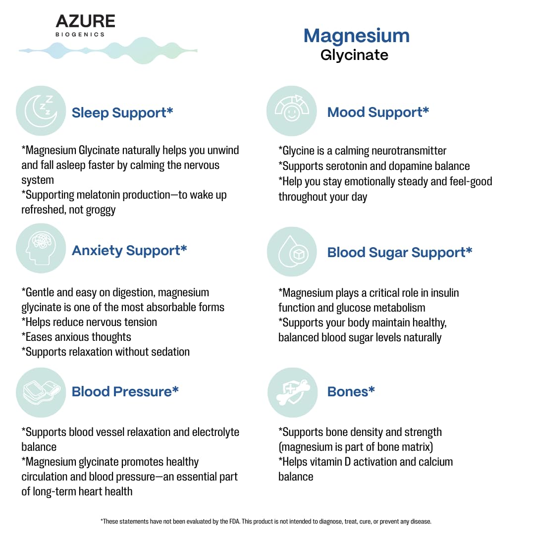 Azure Biogenics magnesium glycinate label highlighting purity and high absorption