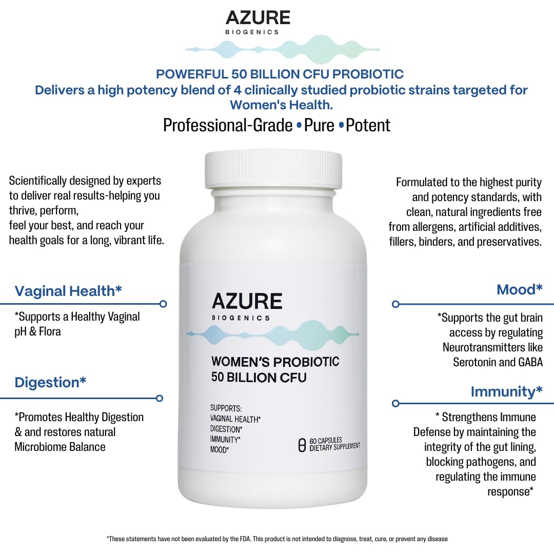 Azure Biogenics bottle showcases probiotic capsules for vaginal health support.