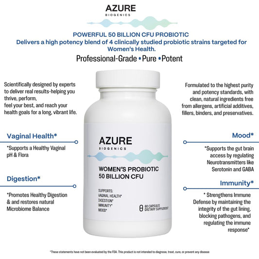 Azure Biogenics bottle showcases probiotic capsules for vaginal health support.