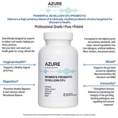 Azure Biogenics bottle showcases probiotic capsules for vaginal health support.