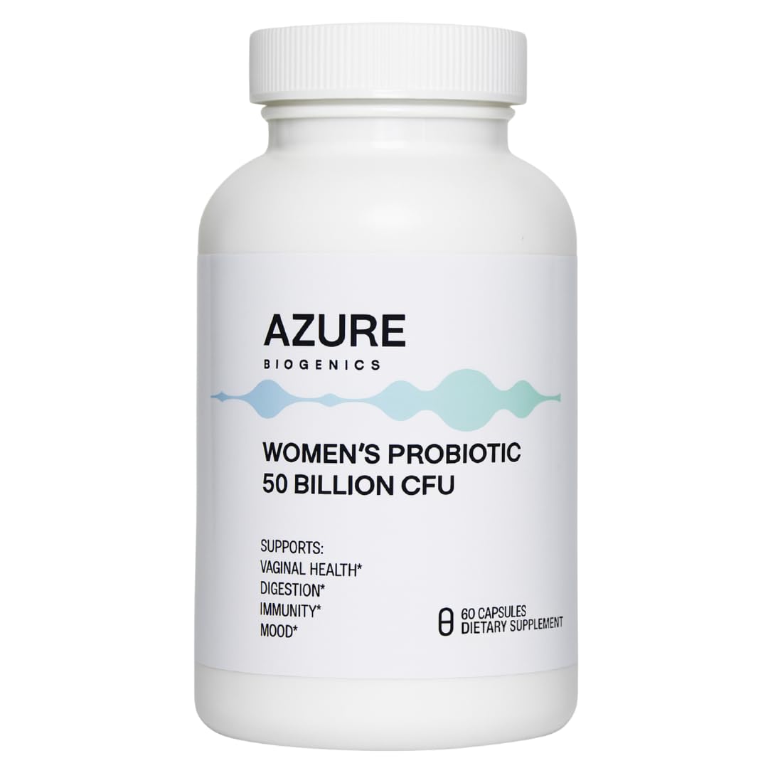 Azure Biogenics capsules in bottle for women's digestive balance.