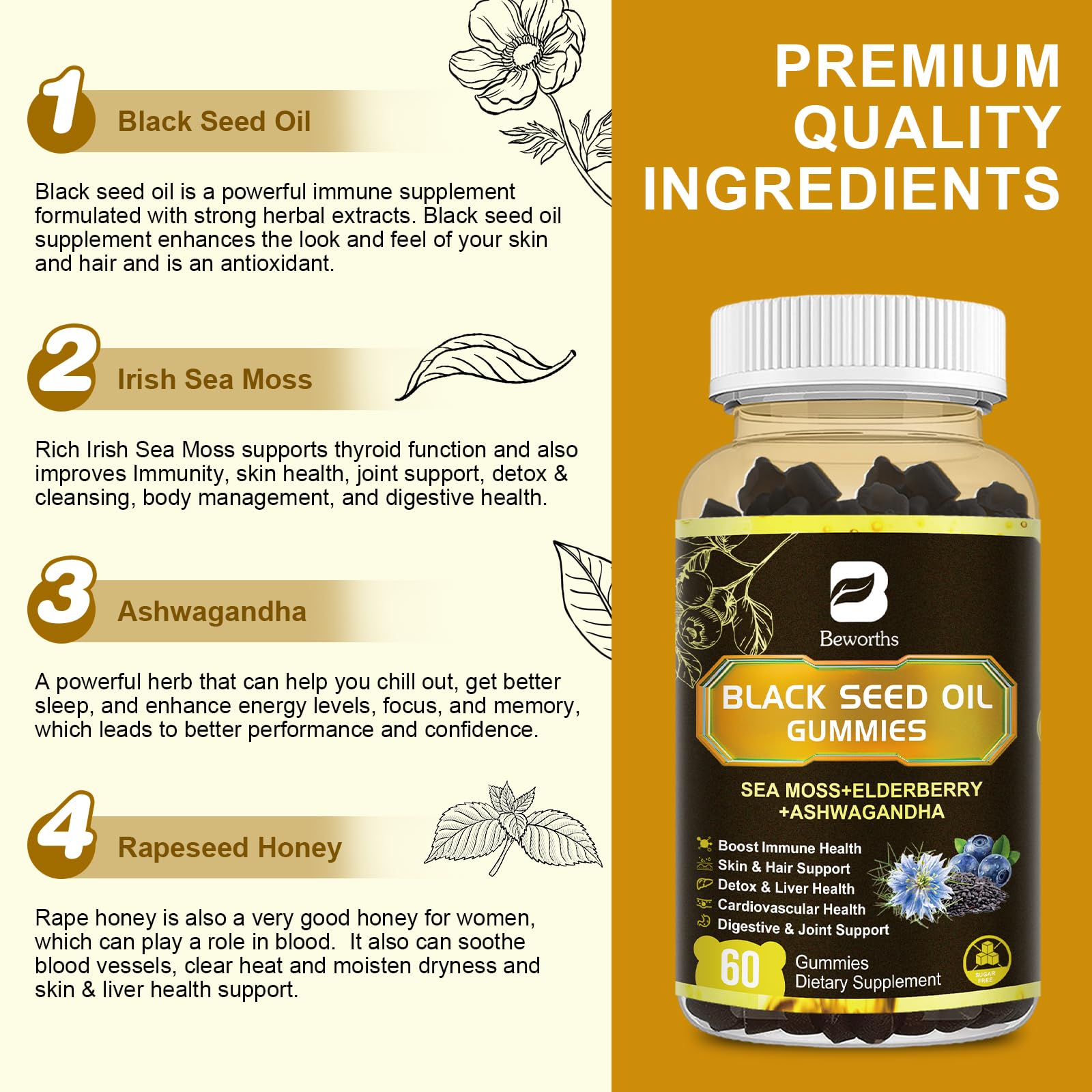 B BEWORTHS bottle label close-up highlighting immune support ingredients.