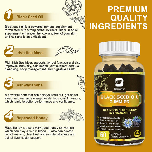 B BEWORTHS bottle label close-up highlighting immune support ingredients.