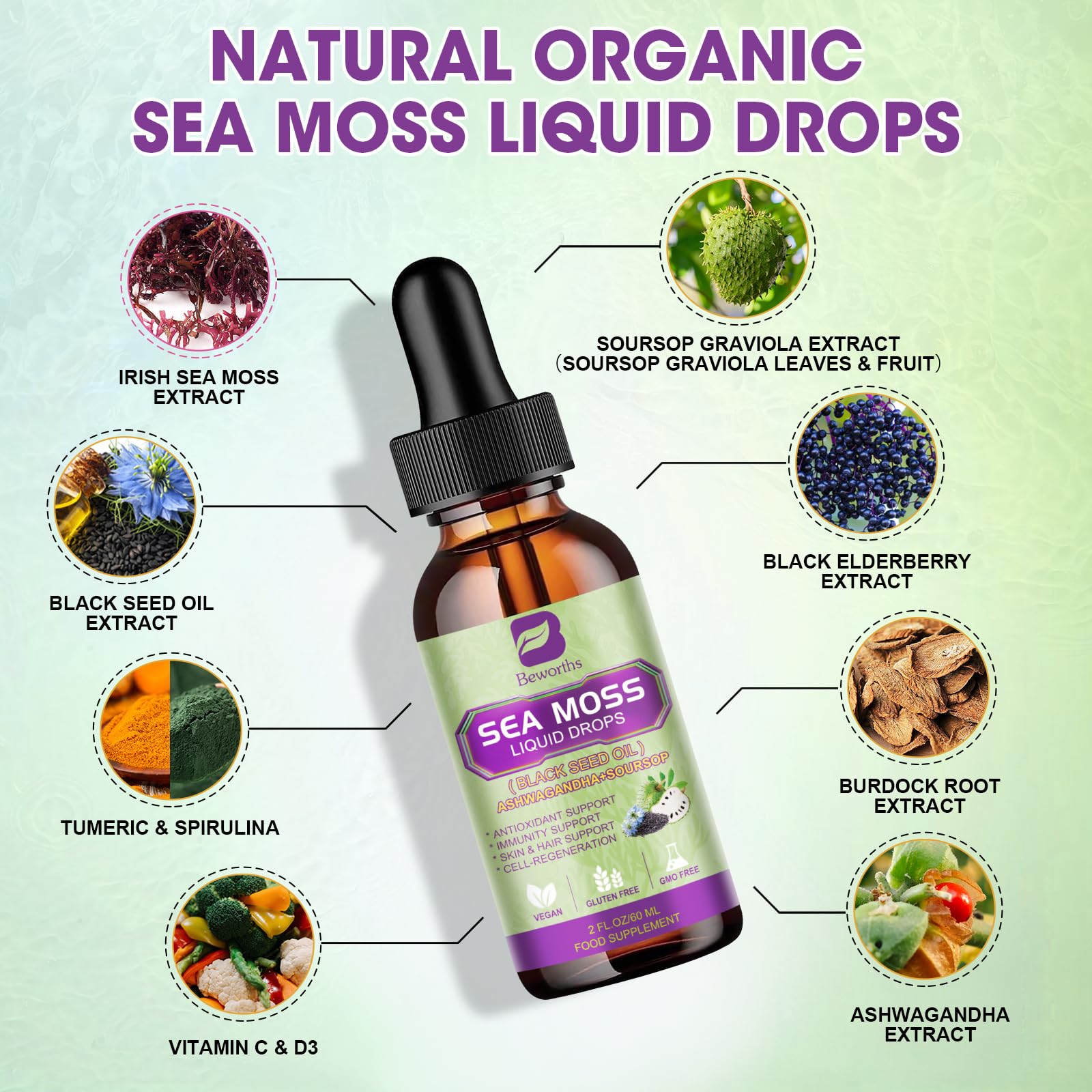 Pouring B BEWORTHS Sea Moss Drops into water for easy daily intake.
