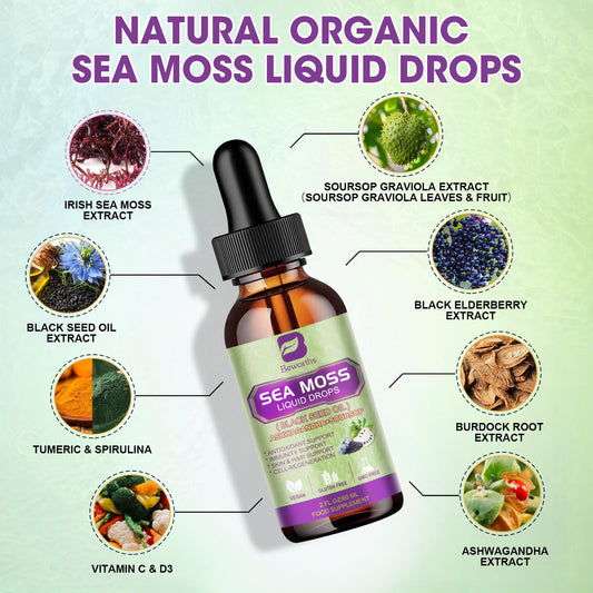 Pouring B BEWORTHS Sea Moss Drops into water for easy daily intake.