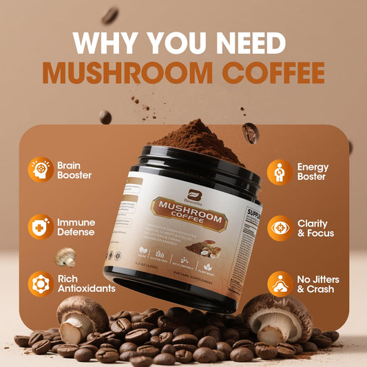 B BEWORTHS mushroom coffee with MCT oil bottle highlighting rapid energy absorption.