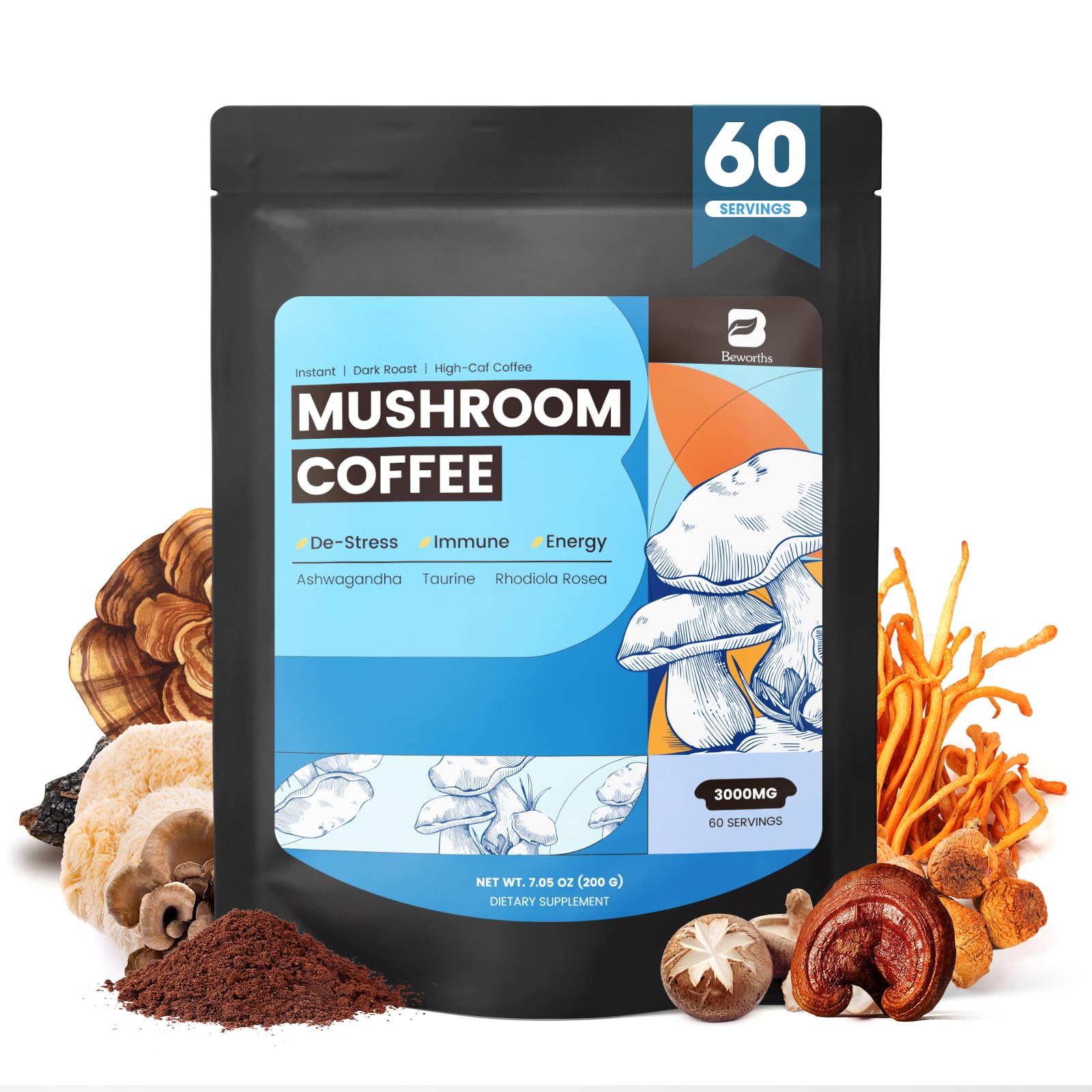 B BEWORTHS packaging showing the 10-in-1 mushroom blend for a balanced morning ritual