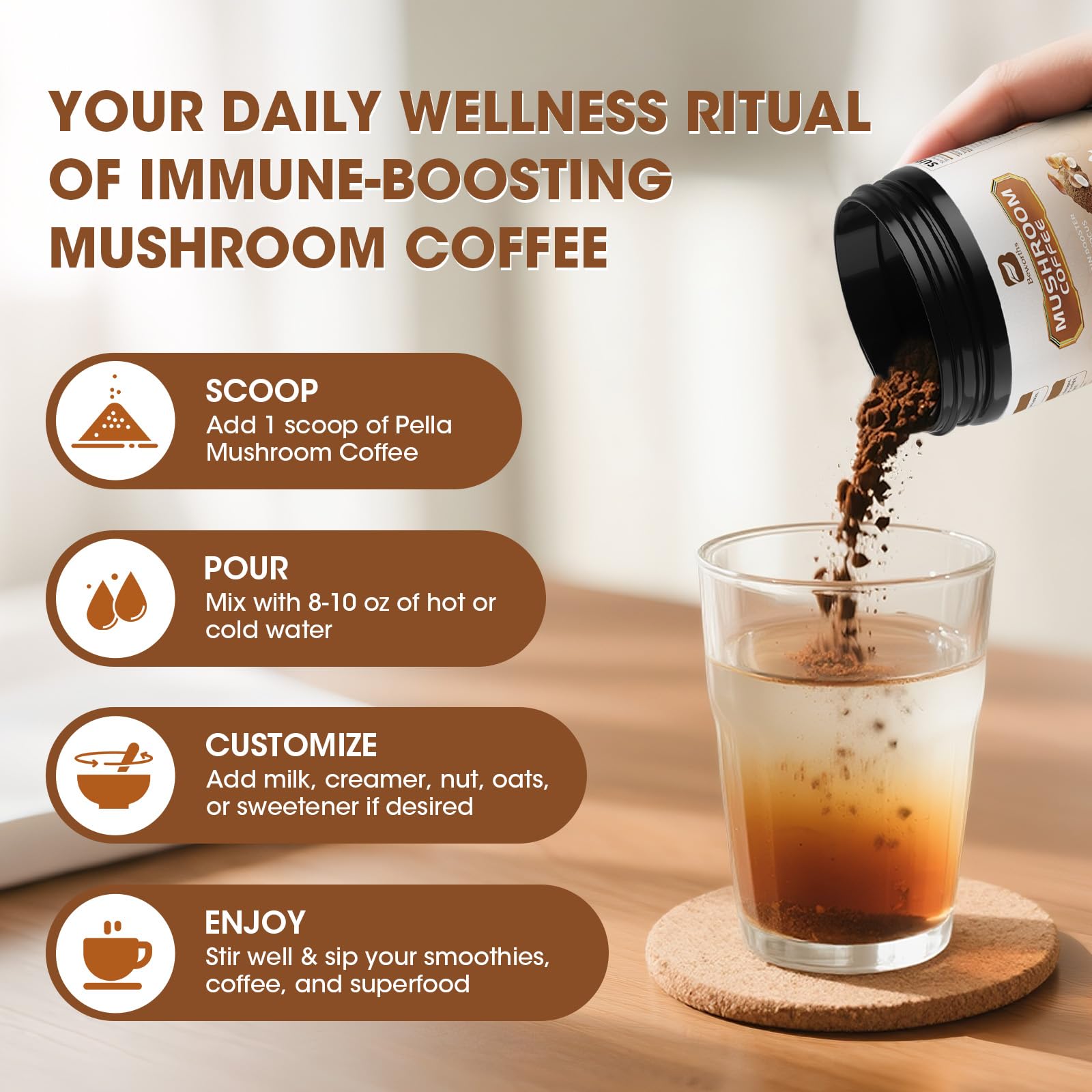 B BEWORTHS steaming cup of mushroom coffee conveys warm aroma and comfort.