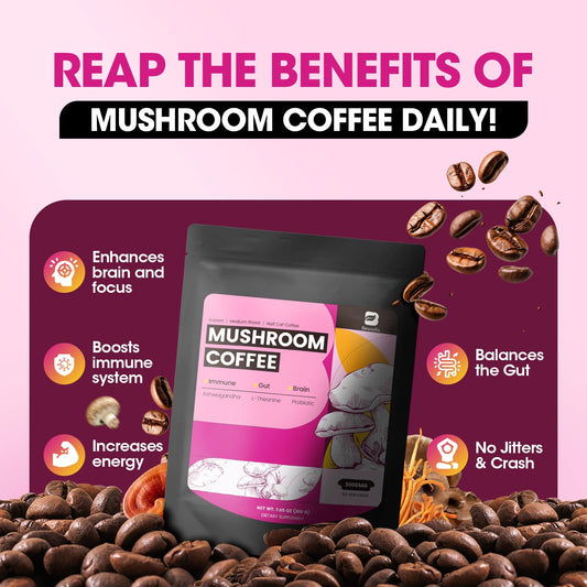 Steaming cup of B BEWORTHS Mushrooms Coffee signals a smooth energy boost for focus.