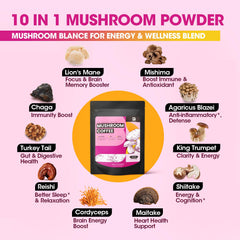 Close-up of B BEWORTHS Mushrooms Coffee label showing 60 servings.