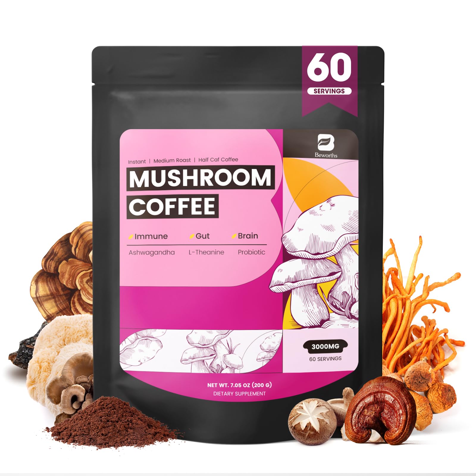 B BEWORTHS Mushrooms Coffee packaging canister ready for daily energy.