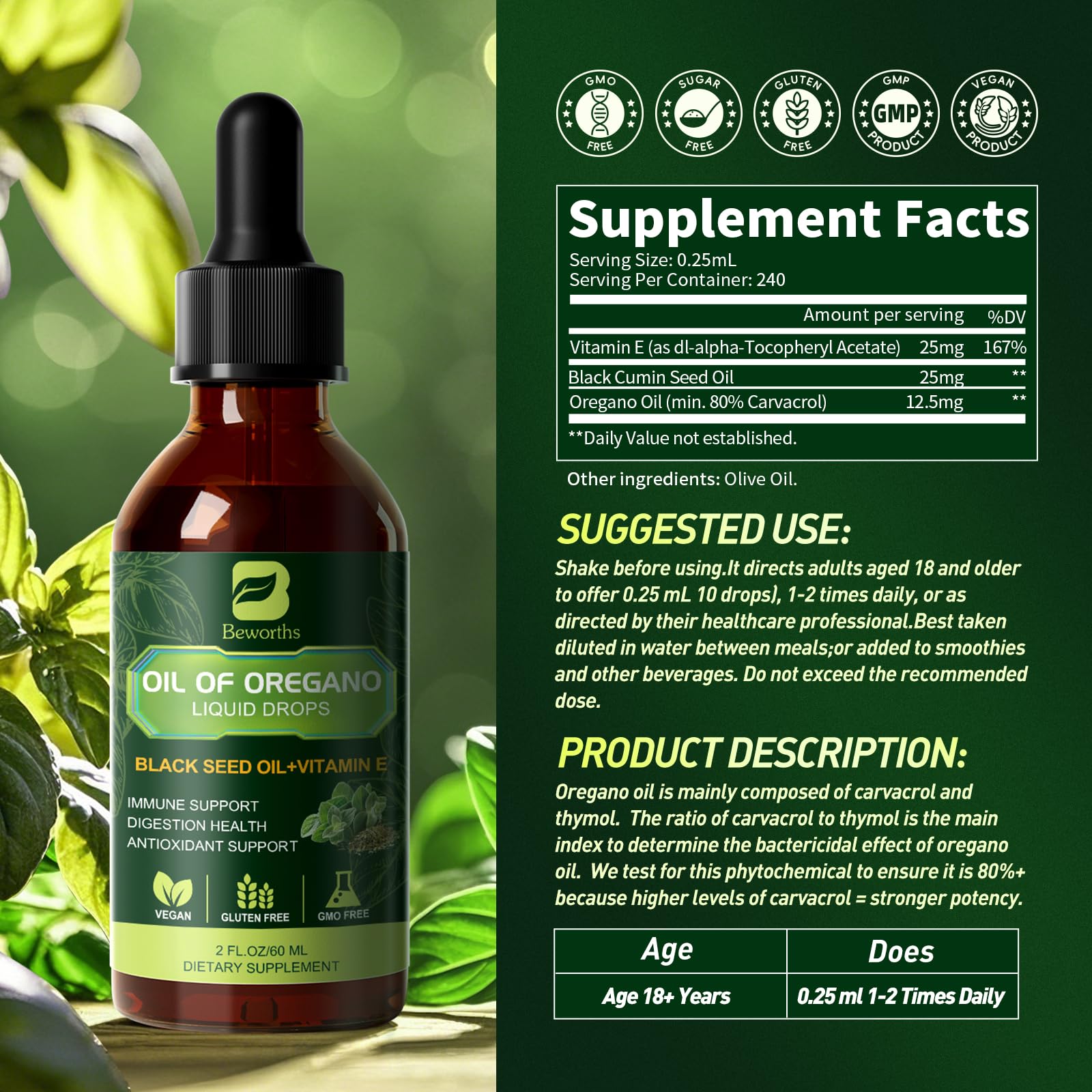 Dropper releasing B BEWORTHS oregano oil blend into a glass