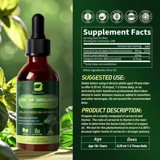 Dropper releasing B BEWORTHS oregano oil blend into a glass