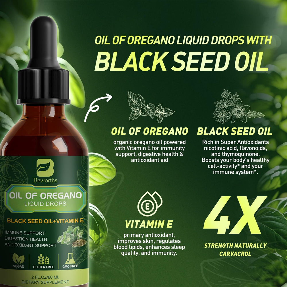 Close-up of oregano oil, black seed oil, and vitamin E ingredients in bottle