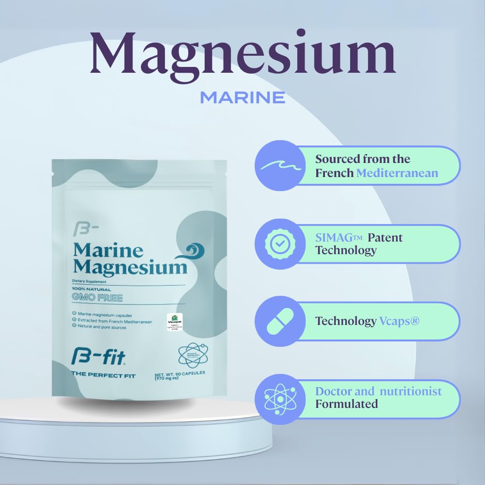 B-FIT B Marine Magnesium bottle label highlighting pure ingredients and gluten-free status.