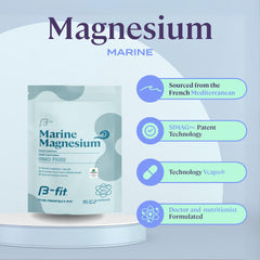 B-FIT B Marine Magnesium bottle label highlighting pure ingredients and gluten-free status.