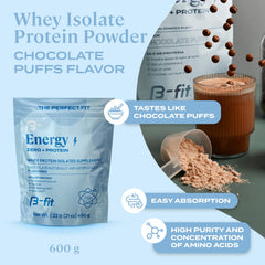 B-FIT B Whey Zero Chocolate Puffs label highlighting low carb and gluten-free nutrition