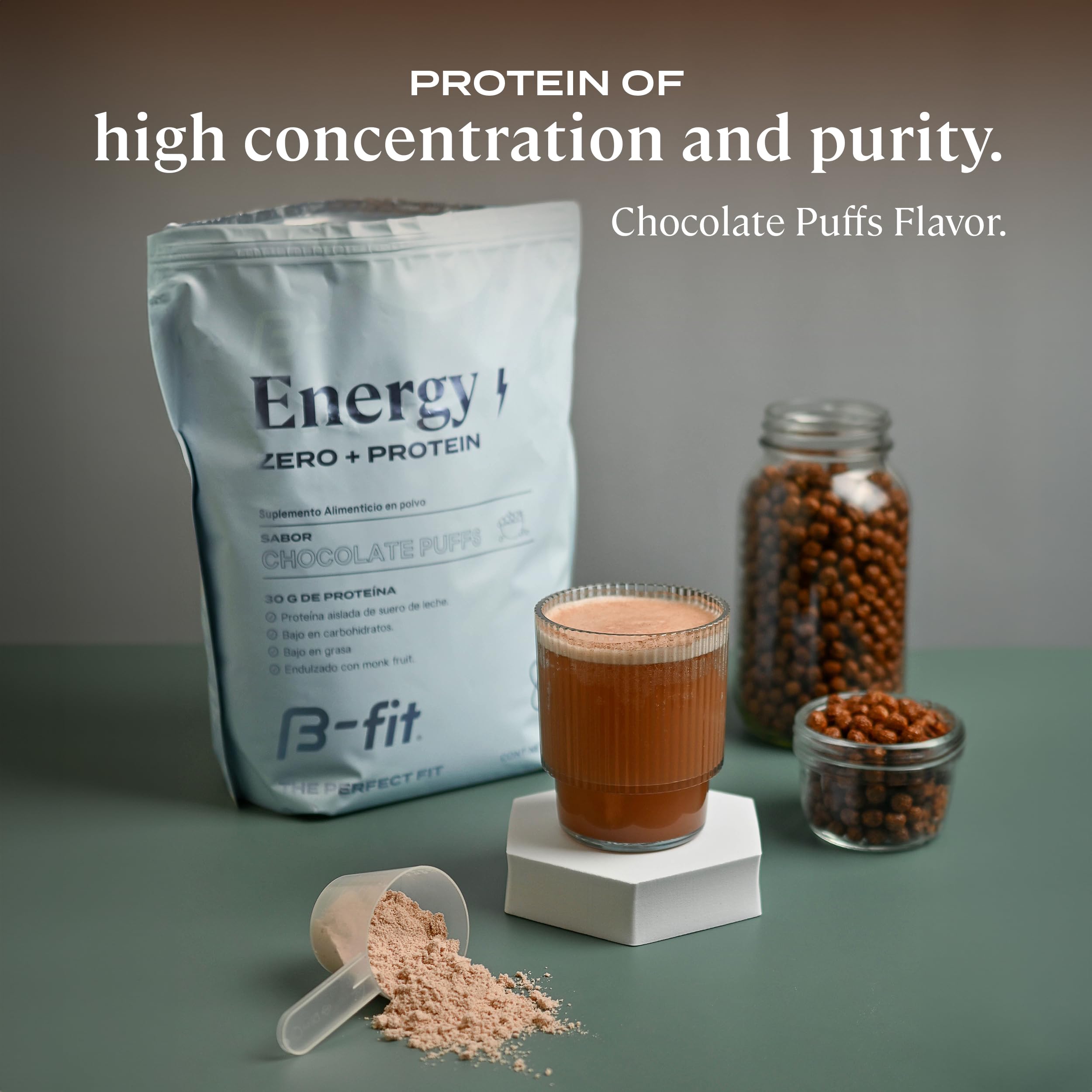 B-FIT B Whey Zero Chocolate Puffs scoop for easy-mix protein boost