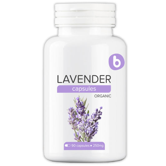 b lavender capsules bottle: convenient daily relaxation and balance.