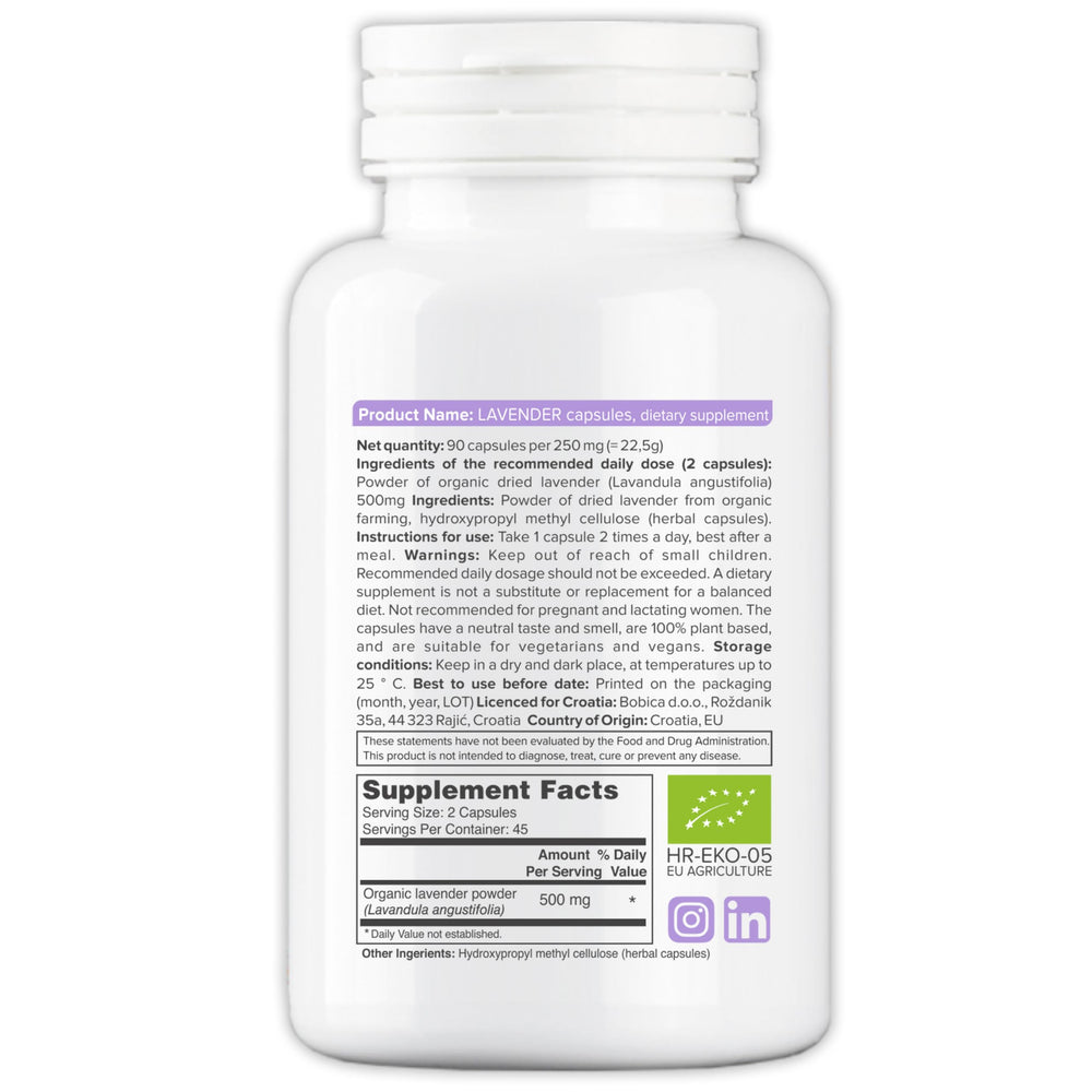 b lavender capsules label closeup: clear ingredients and quality you can trust.