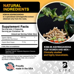Front-view Ashwagandha bottle emphasizing 180 vegan capsules.