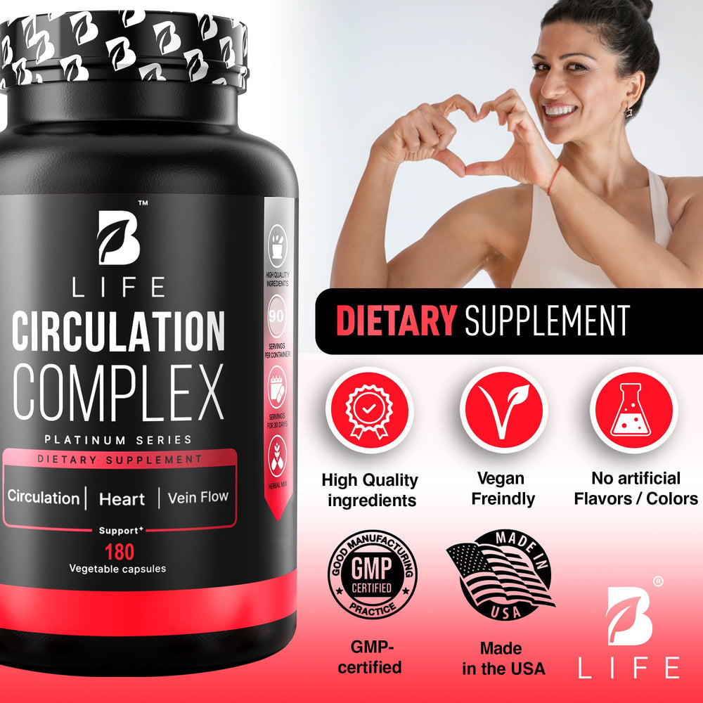 B Life Circulation Complex bottle with glass of water for daily use.