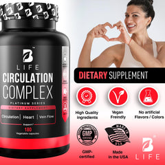 B Life Circulation Complex bottle with glass of water for daily use.