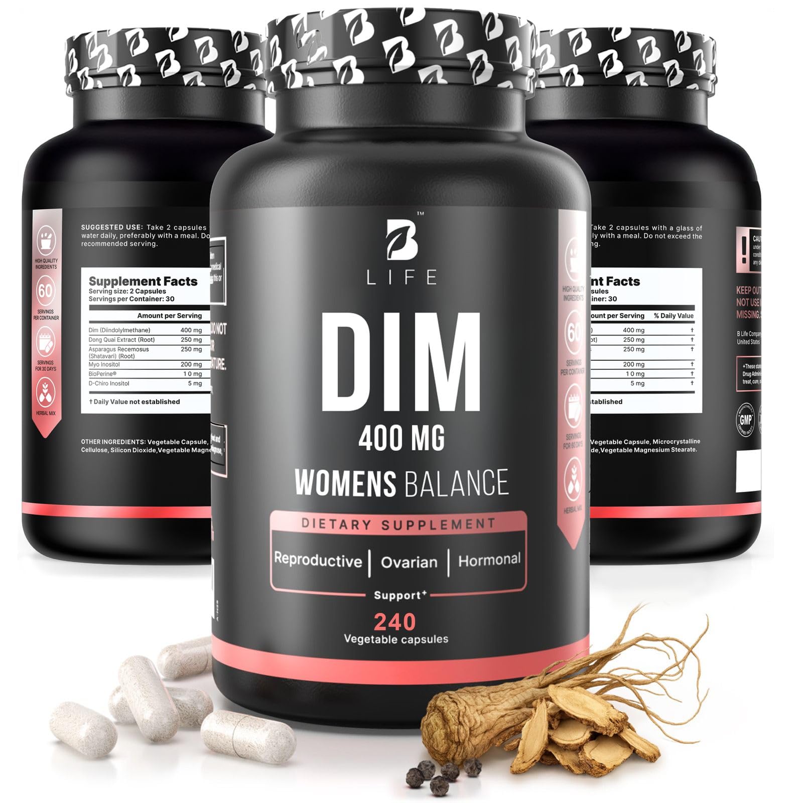 B Life Company DIM supplement bottle front highlights 400 mg balance support.