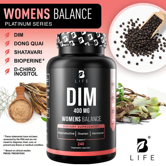 B Life Company label close-up of DIM blend for hormone-friendly daily routine.