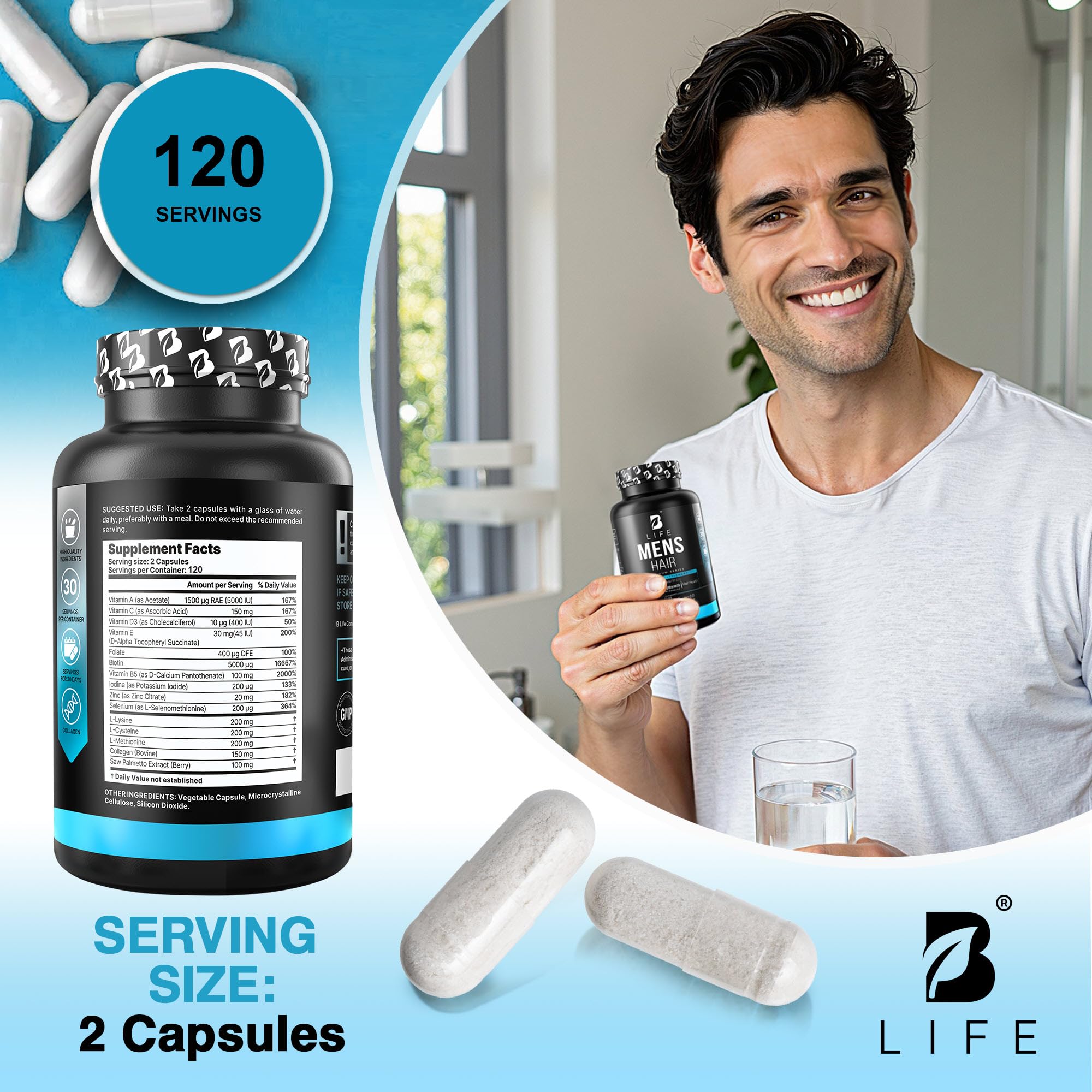 B Life Company packaging indicating USA-made GMP-certified quality