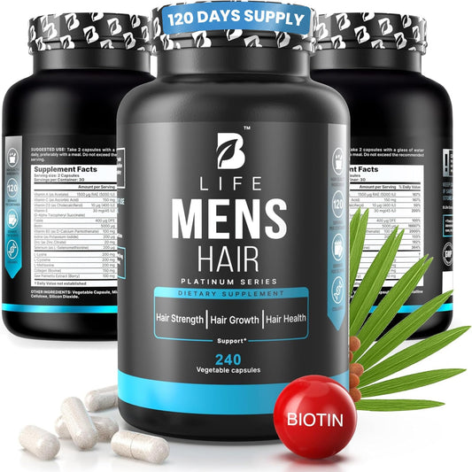 B Life Company men’s hair growth bottle pour showing the supplement bottle for daily use